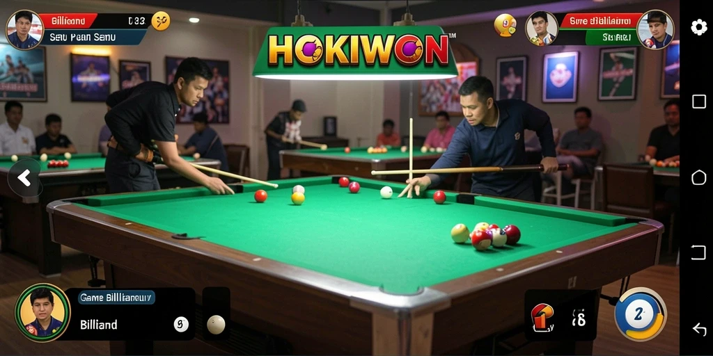 Screenshot HOKIWON menampilkan gameplay billiard yang menarik.