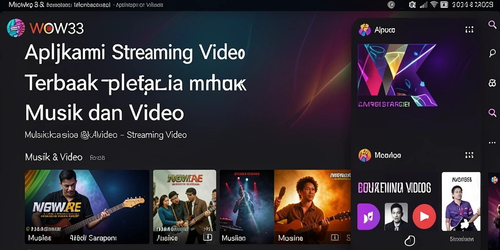 Antarmuka WOW33 menampilkan berbagai pilihan video musik dan film.